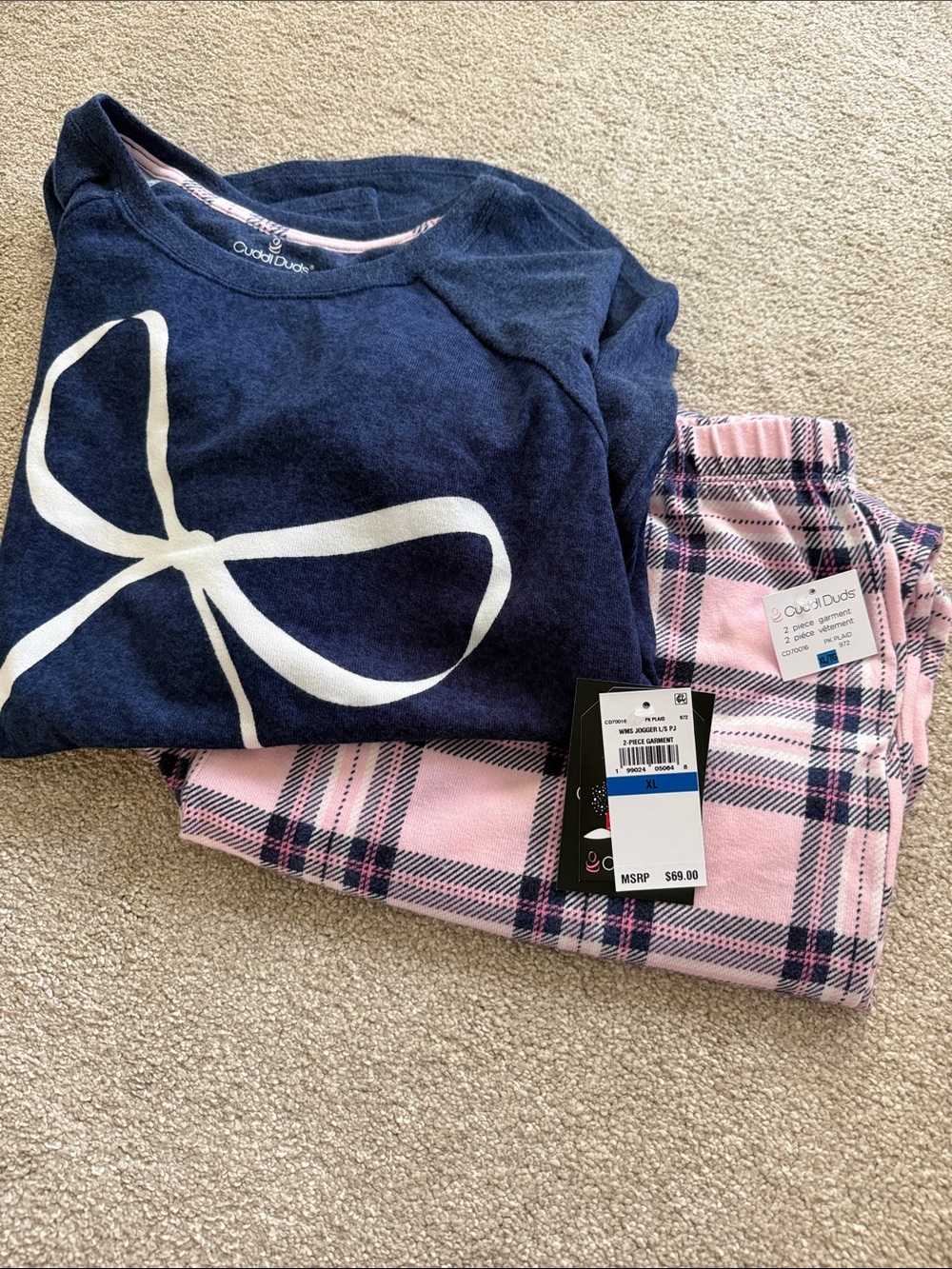 Cuddl Duds Women’s Navy & Pink Plaid Two-Piece Pajama Set